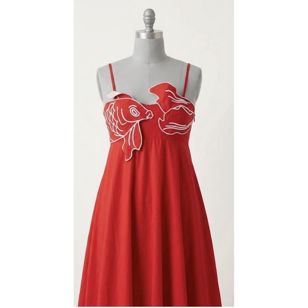 Anthropologie Red Koi Goldfish Dress Embroidered Bustier Fish Novelty Size M